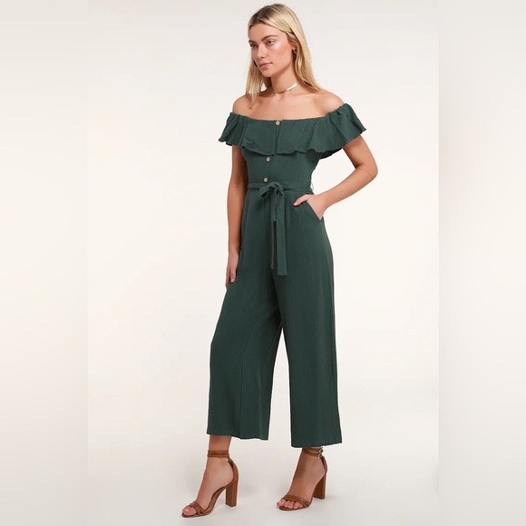 Lulus Women’s Green Off Shoulder Ruffle Maxi Dress in M NWT Belted Button Front - Picture 1 of 12